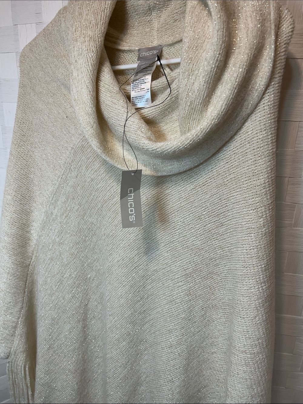 Chico's Cream Knit Poncho with Fringe Trim and Draped Collar - Picture 2 of 6